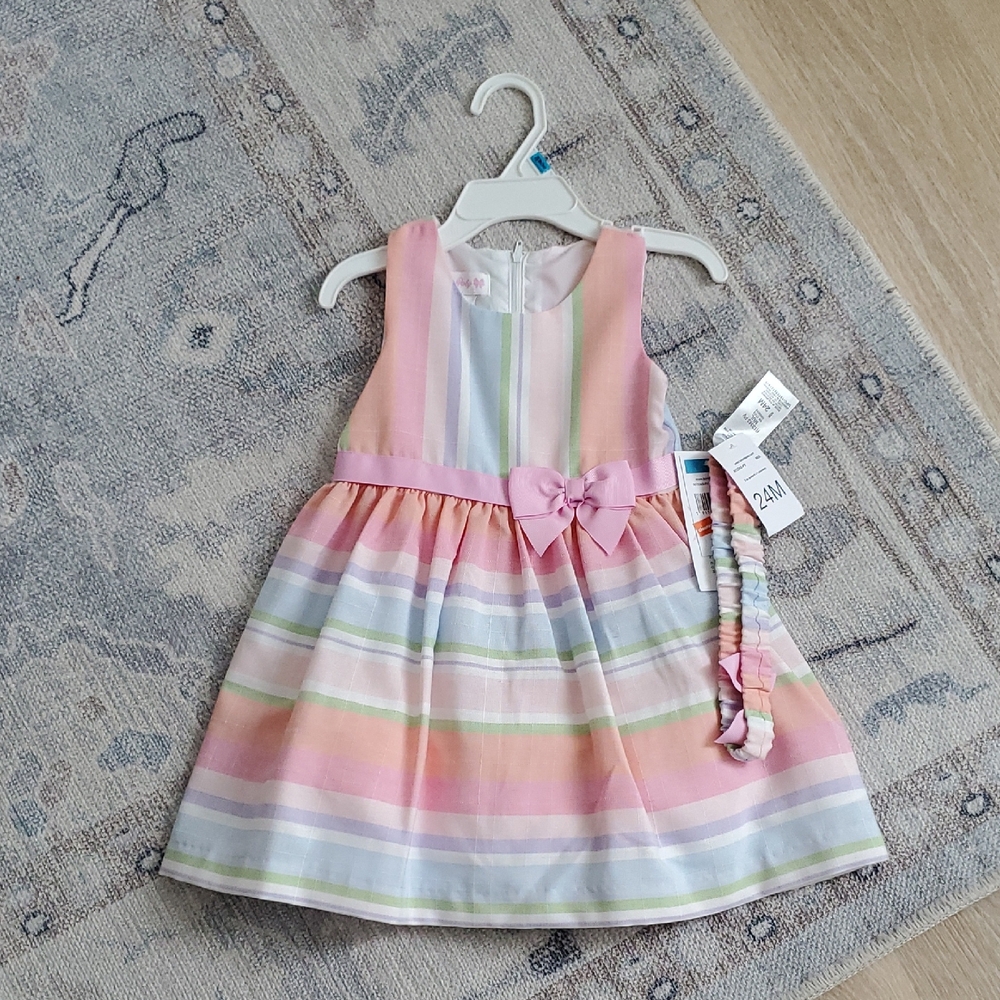 NWT Bonnie Baby Pastel Striped Spring Dress, Bloomers And Headband Sz24m